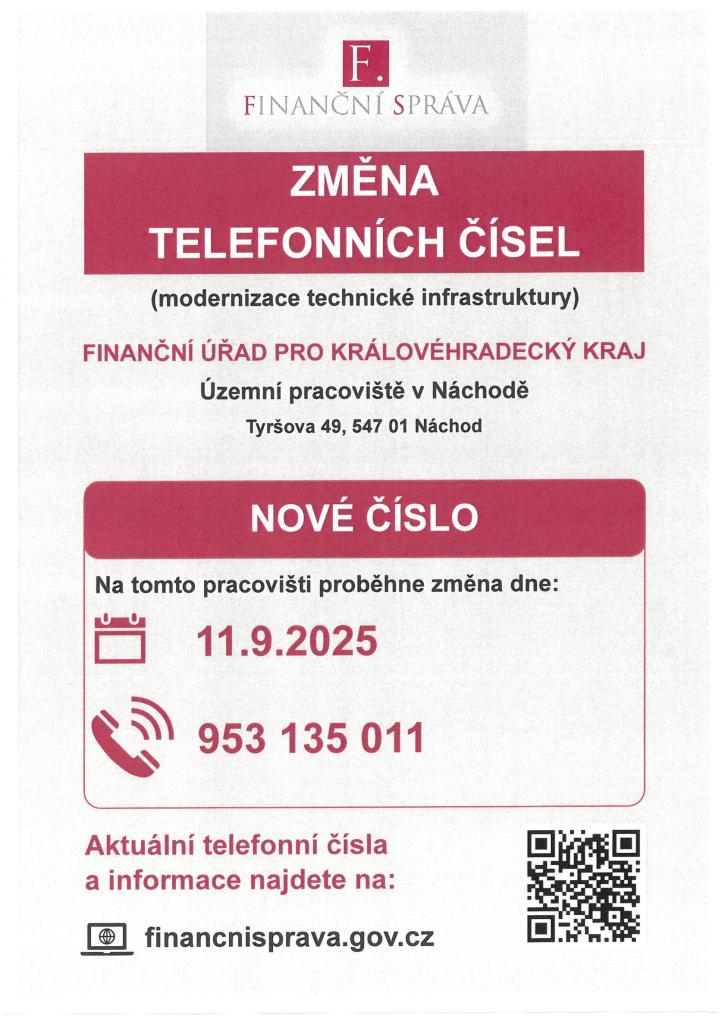 Změna telefonního čísla  FÚ pro KHK - územní pracoviště Náchod