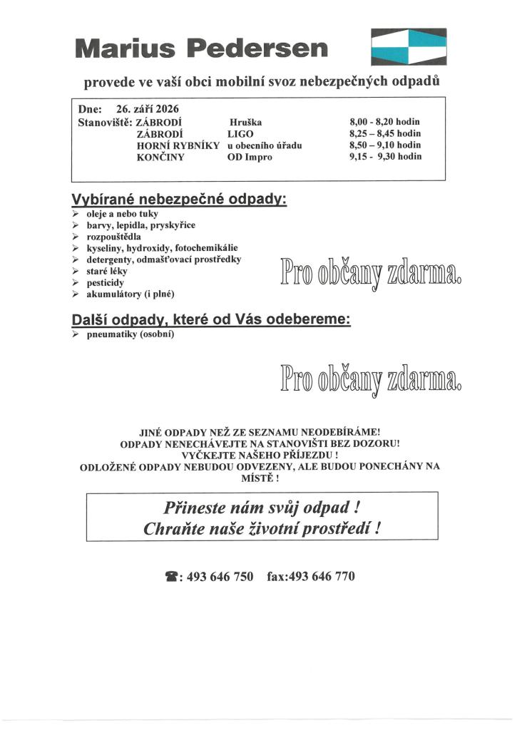 Mobilní svoz nebezpečných odpadů 26.9.2026